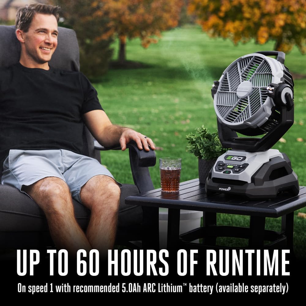 EGO Power+ FN1000 10-Inch 1700CFM 20MPH Oscillating Misting Fan with 6 Speed Modes, 3 Oscillation Modes, 3 Misting Modes, Battery and Charger Not Included, Black