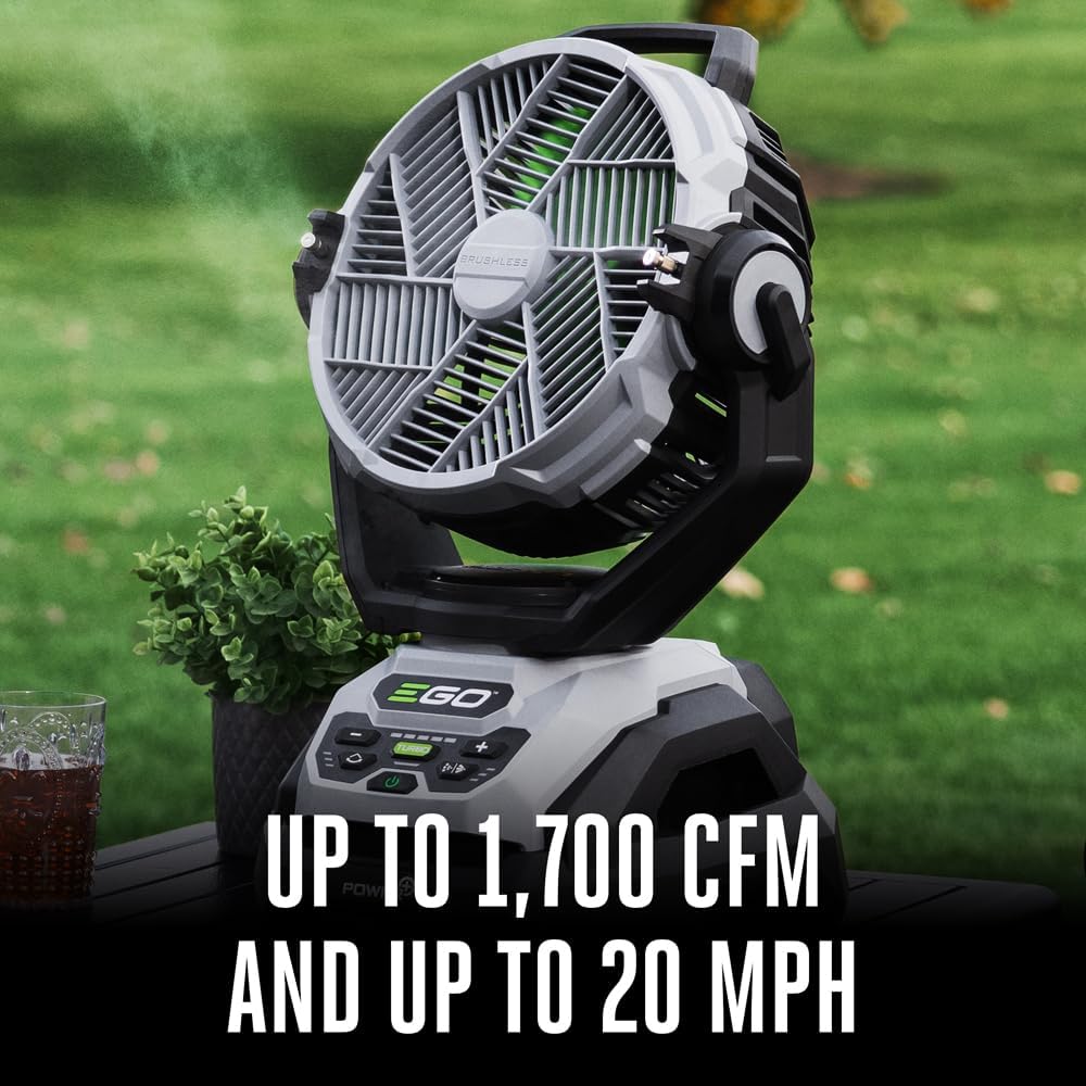 EGO Power+ FN1000 10-Inch 1700CFM 20MPH Oscillating Misting Fan with 6 Speed Modes, 3 Oscillation Modes, 3 Misting Modes, Battery and Charger Not Included, Black