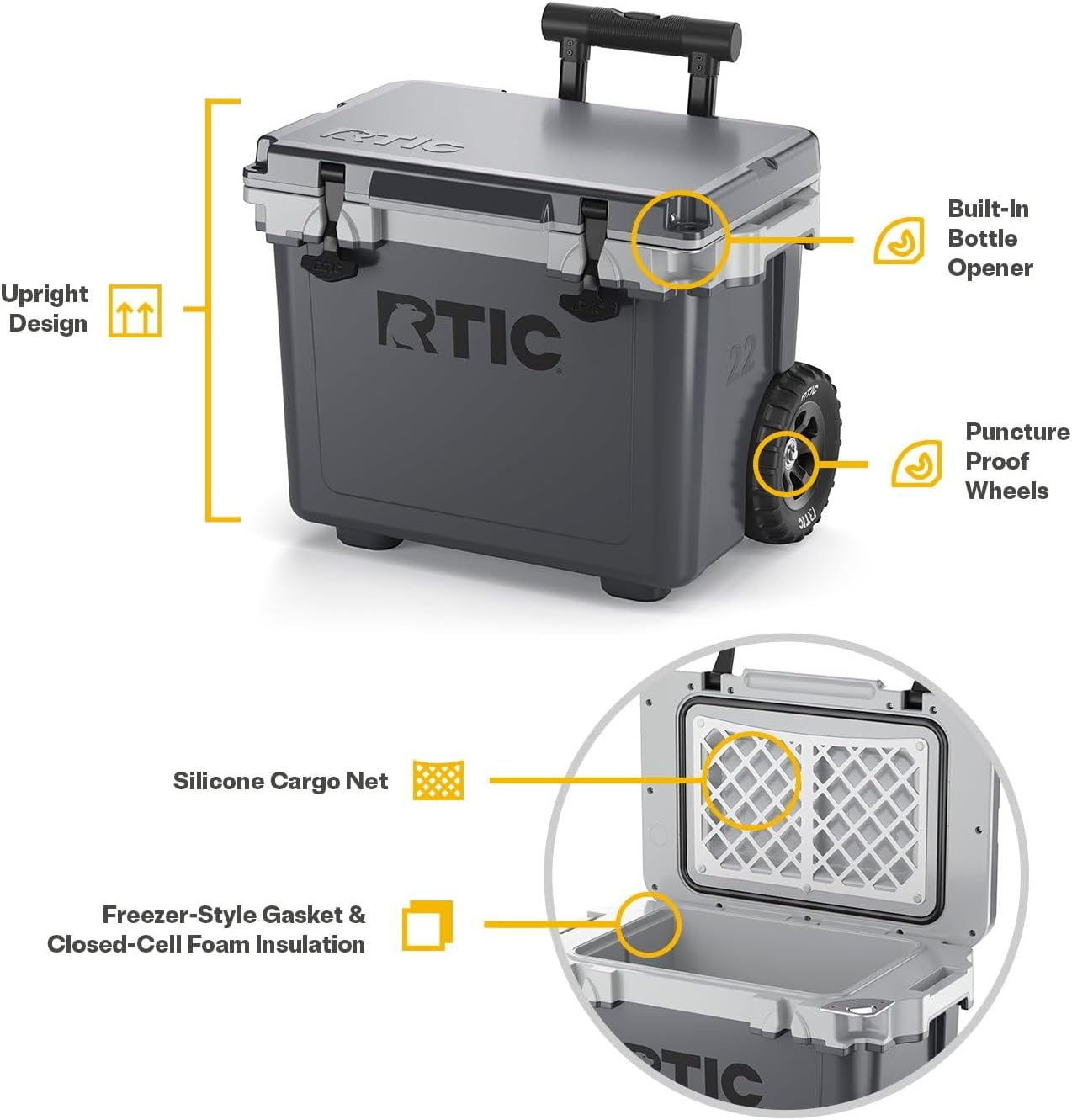 RTIC 22 QT Ultra-Light Wheeled Cooler with Handle, Hard Insulated Portable Ice Chest Box for Beach, Drink, Beverage, Camping, Picnic, Fishing, Boat, Barbecue