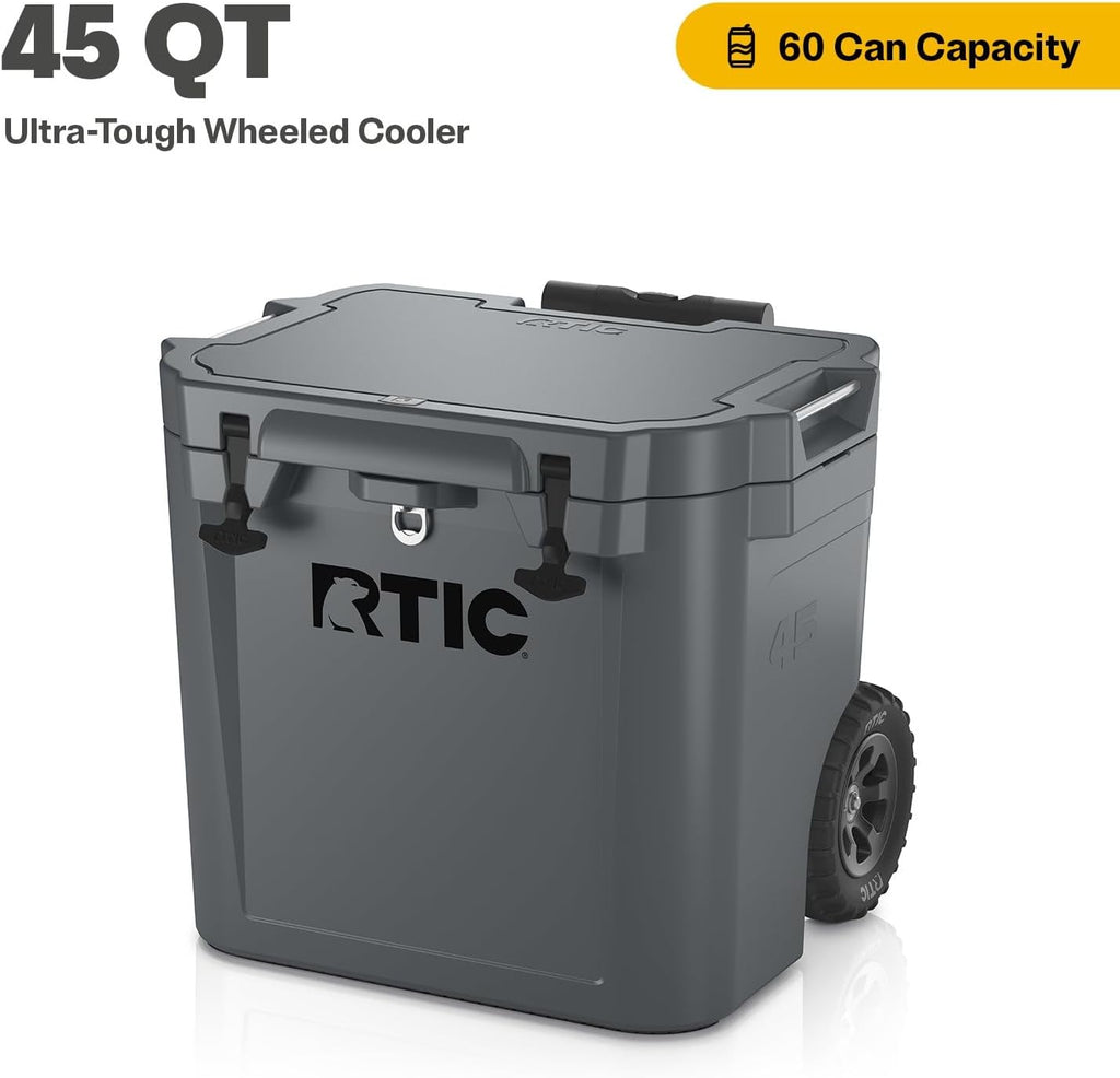RTIC 45 QT Wheeled Ultra-Tough Cooler Hard Insulated Portable Ice Chest Box for Beach, Drink, Beverage, Camping, Picnic, Fishing, Boat, Barbecue, Rotomolded Construction