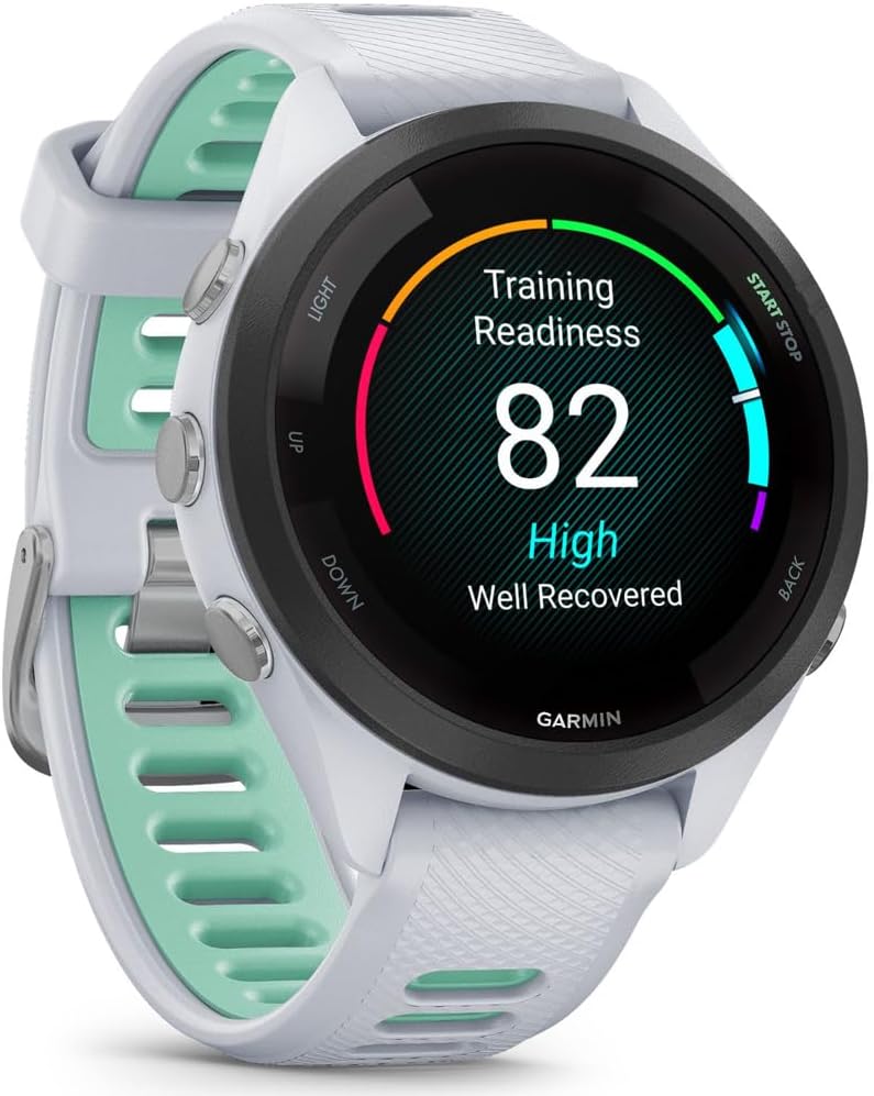 Garmin 010-02810-04 Forerunner 265S GPS Smartwatch, Whitestone/Neo Tropic | Official USA Partner Model | Bundle with Sport Towel + Deco Essentials Wearable Commuter Front & Rear Safety Light