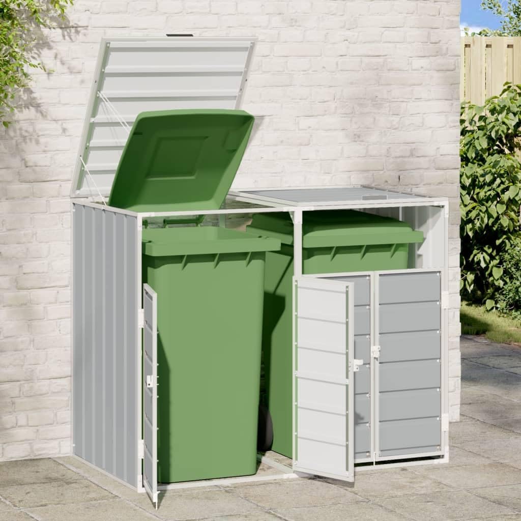 Steel Wheelie Bin Storage for Double Bins, Outdoor Storage Shed for Garbage Cans, Outdoor Trash Can Storage Shed, Gray 56.7'x31.9'x44.5' Steel,-632