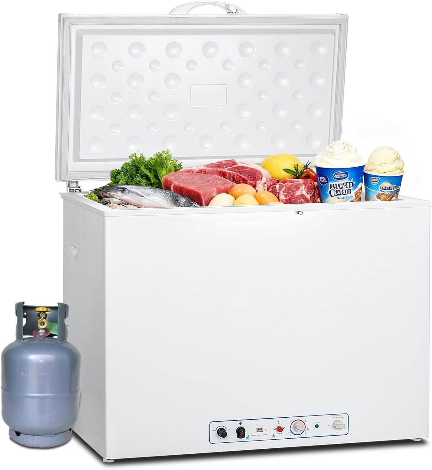 SMETA Propane Deep Freezer, Gas Freezer LPG Propane Gas Absorption 110V Chest Freezer Deep 7.1 Cu.Ft for RV Off Grid Outside, White