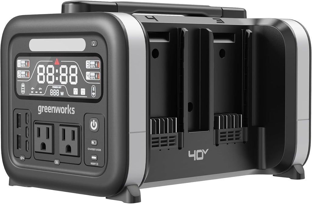 Greenworks 40V 500W Portable Power Station, 4-Slot Inverter, 2 AC Outlets, 5 USB Ports, Smart APP Control Power Generator, Outdoor Backup Power Supply (POWER 75+TOOLS, BATTERY SOLD SEPARATELY),Black