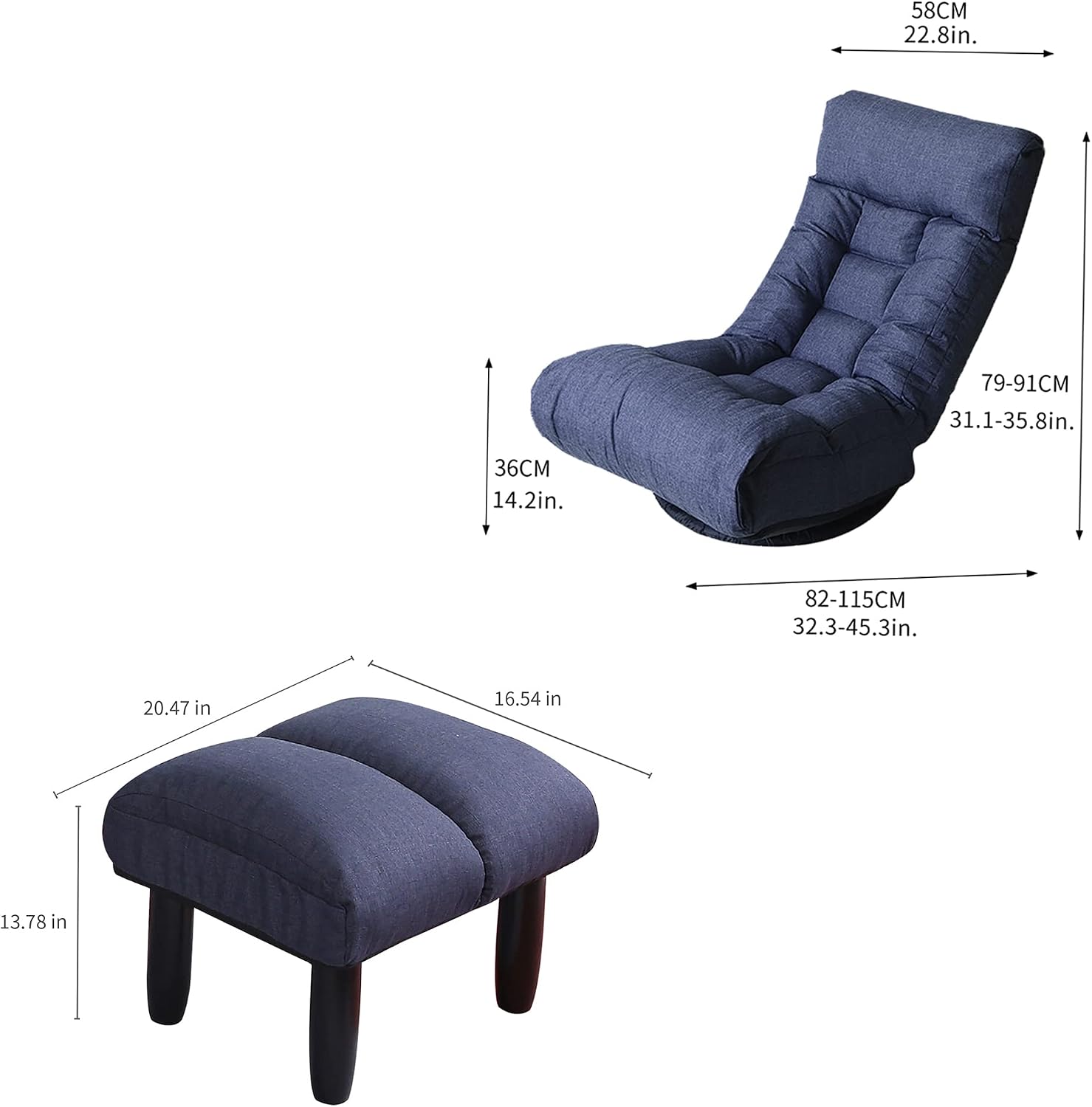 Yoglad Japanese Style Chaise Lounge Sofa Chair Floor Gaming Chair Lazy Sofa for Reading Game Meditating, 3 Adjustable Positions with Comfortable Backrest,Navy Blue (Navy Blue+Ottoman)