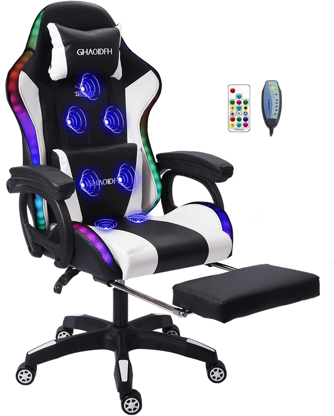 Ergonomic Gaming Chair with Footrest and Lumbar Support, Video Gaming Chair with Speaker and LED Light, Gaming Chair with Full Massage Function, 90°-135° Tilting Computer Chair.,White
