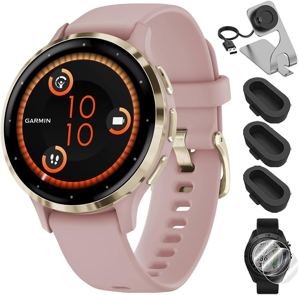 Garmin 010-02785-03 Venu 3S Health Fitness GPS Smartwatch Gold Steel Bezel with Dust Rose Case 41mm Bundle with Deco Essentials Charging Dock, Dust Cover 3 Pack and 2-Pack Screen Protector