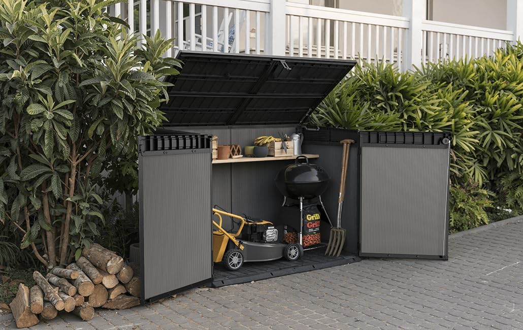 Keter Box Premier Jumbo 2020L Capacity External Dimensions (WxHxD) 190.5 x 132 x 109 cm Fits 3 x 240L or 2 x 360L Wheelie Bins Weatherproof Waterproof Multicoloured Plastic