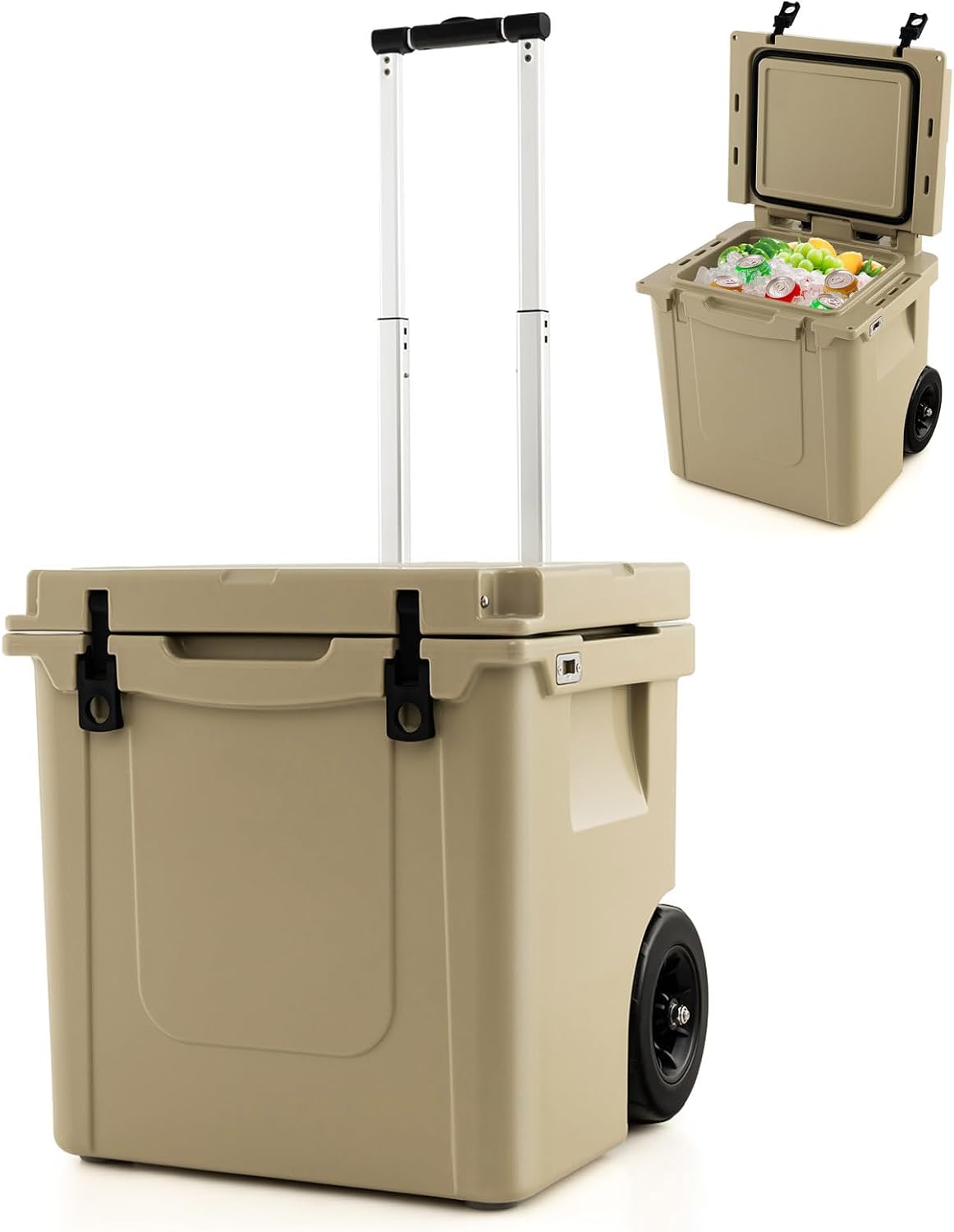 Goplus Cooler with Wheels, Insulated Large Ice Chest with Portable Handles, Cup Holders, Leak-Proof Tight Latches, 5-7-day Ice Retention, Heavy Duty Hard Coolers for Beach Camping Boat