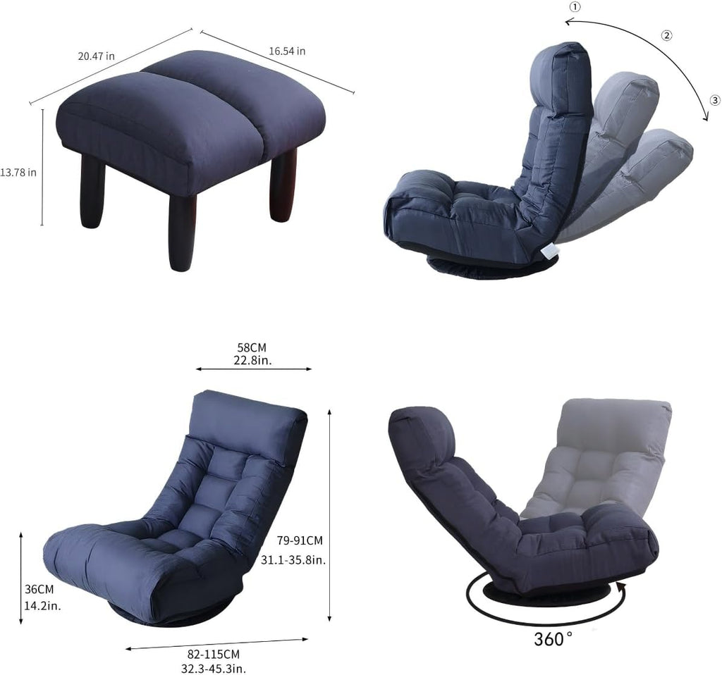360° Swivel Floor Gaming Chair, Floor Chair, 14 Adjustable Head Segments 3 Waist Segments, Ergonomic Recliner for Gaming Reading Living Room, Includes Footrests (Navy)