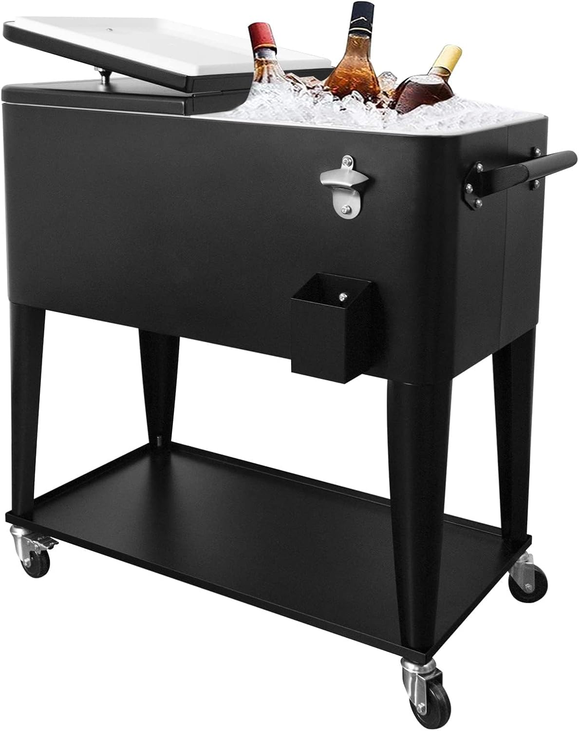 80 Quart Rolling Ice Chest Cooler Cart,for Outdoor Patio Deck Party Portable Party Bar Cold Drink Beverage Cart, Backyard Cooler Trolley on Wheels with Shelf, Bottle Opener