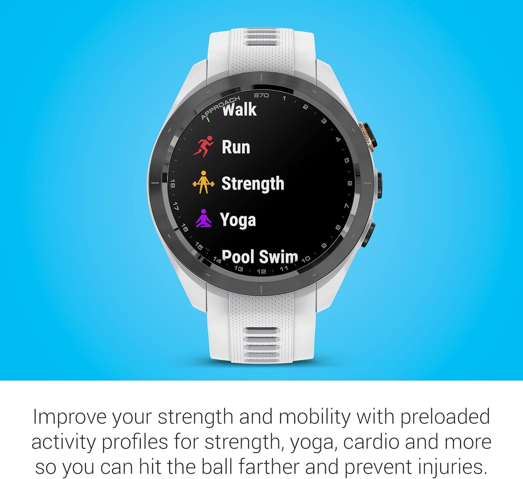 Garmin Approach S70 (White, 42mm) Golf GPS Watch Bundle - AMOLED Display, Virtual Caddie & PlaysLike Distance - Includes PlayBetter 5000mAH Portable Charger & Screen Protectors