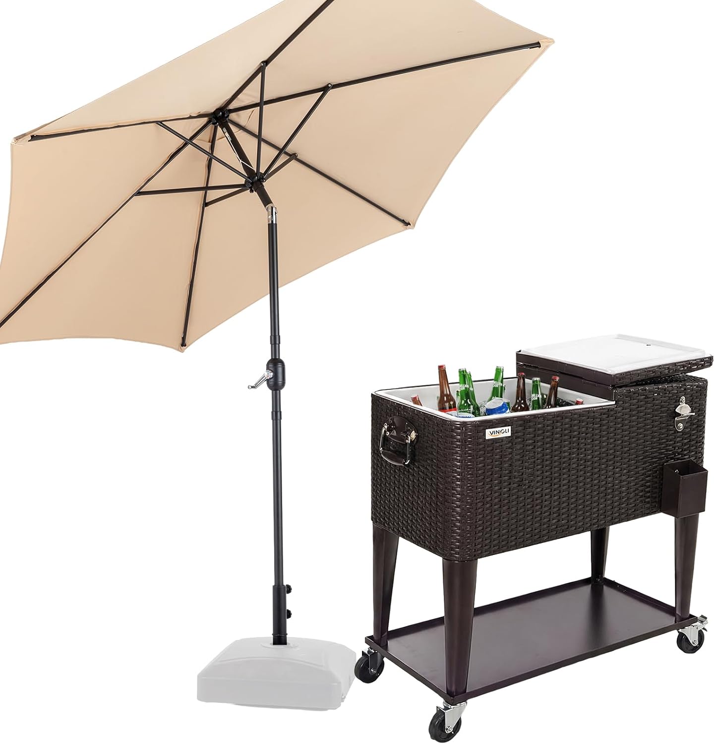 VINGLI 80 Quart Rolling Ice Chest on Wheels, Portable Patio Party Bar Drink Cooler Cart, Wicker PP Rattan with Shelf, Beverage Pool with Bottle Opener