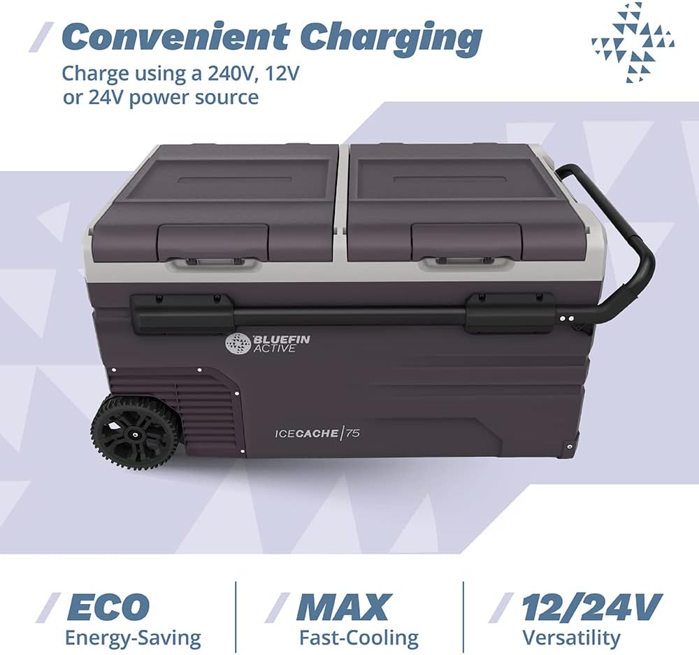 Bluefin Active Ice Cache 75L | Portable Travel Fridge | Advanced Cooling & Freezing Technology | Energy Efficient Charging | Dual Storage Compartments | Smartphone App Control | LCD | AC & DC