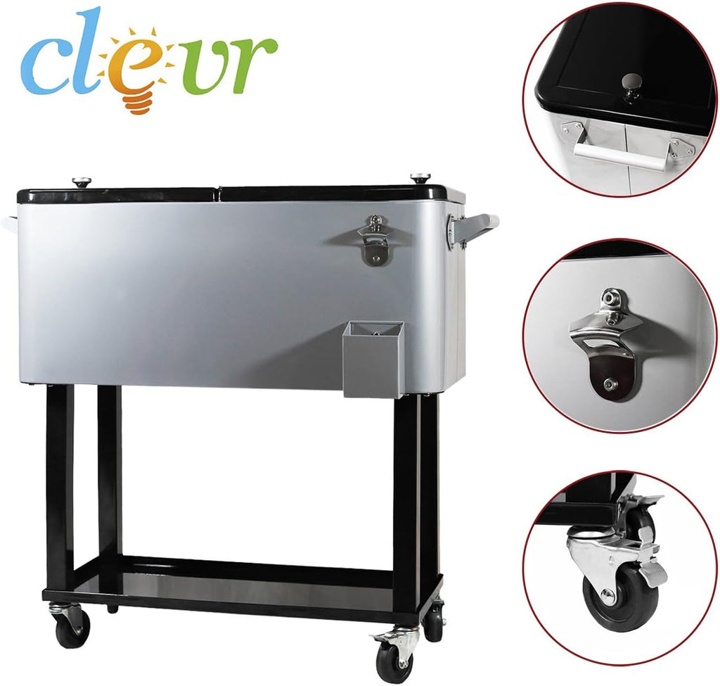 80 Quart Qt Rolling Cooler Ice Chest for Outdoor Patio Deck Party, Grey, Portable Party Bar Cold Drink Beverage Cart Tub, Backyard Cooler Trolley on Wheels with Shelf, Stand, & Bottle Opener