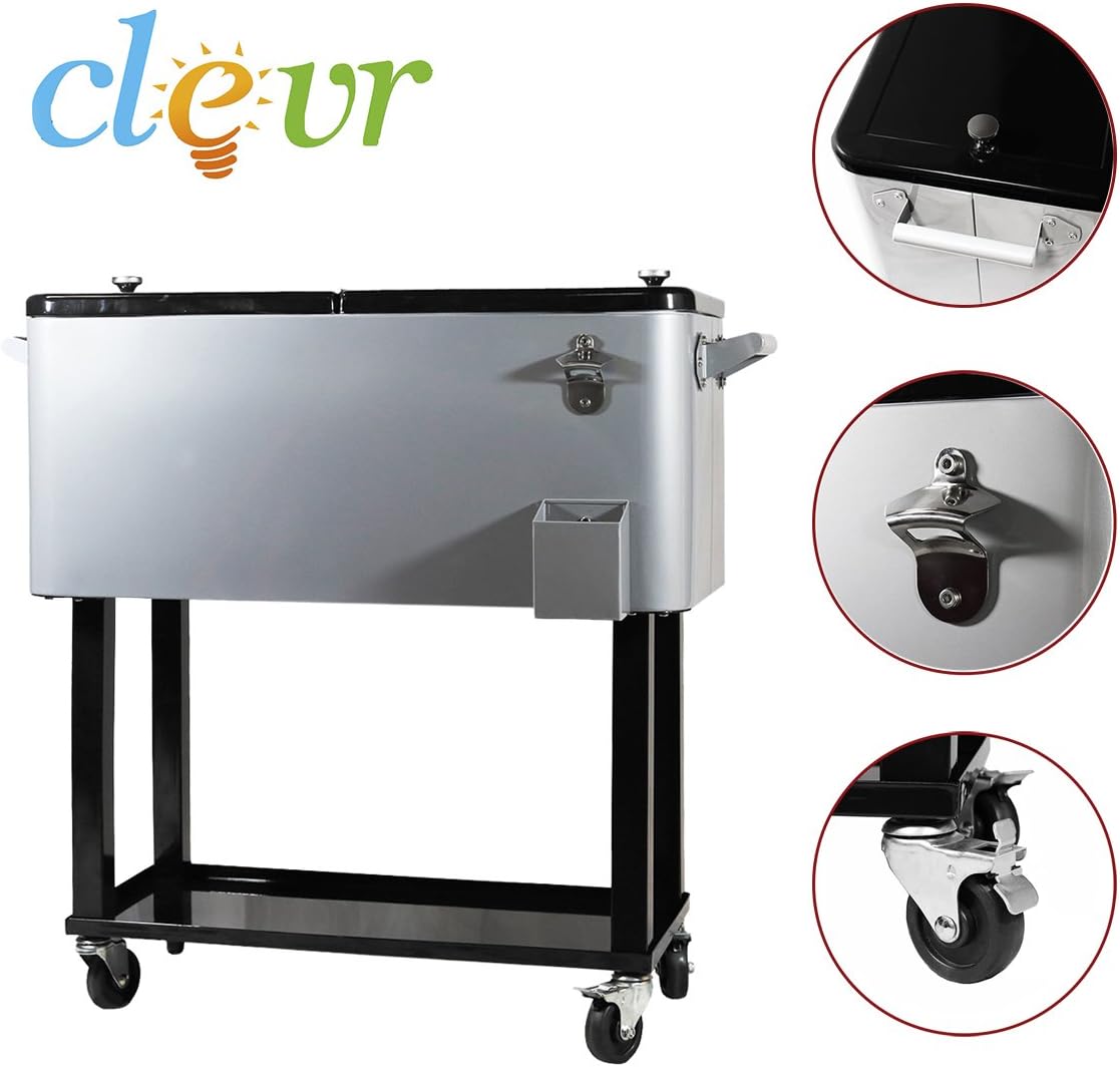 80 Quart Qt Rolling Cooler Ice Chest for Outdoor Patio Deck Party, Grey, Portable Party Bar Cold Drink Beverage Cart Tub, Backyard Cooler Trolley on Wheels with Shelf, Stand, & Bottle Opener