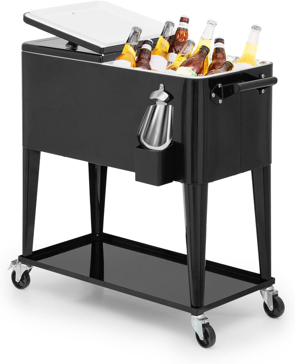 Magshion 80-Quart Patio Rolling Ice Chest Cooler Cart with Bottle Opener, Outdoor Ice Cooler Trolley with Wheels and Handle, Bar Drink Cooler Beverage Cart with Shelf for Party