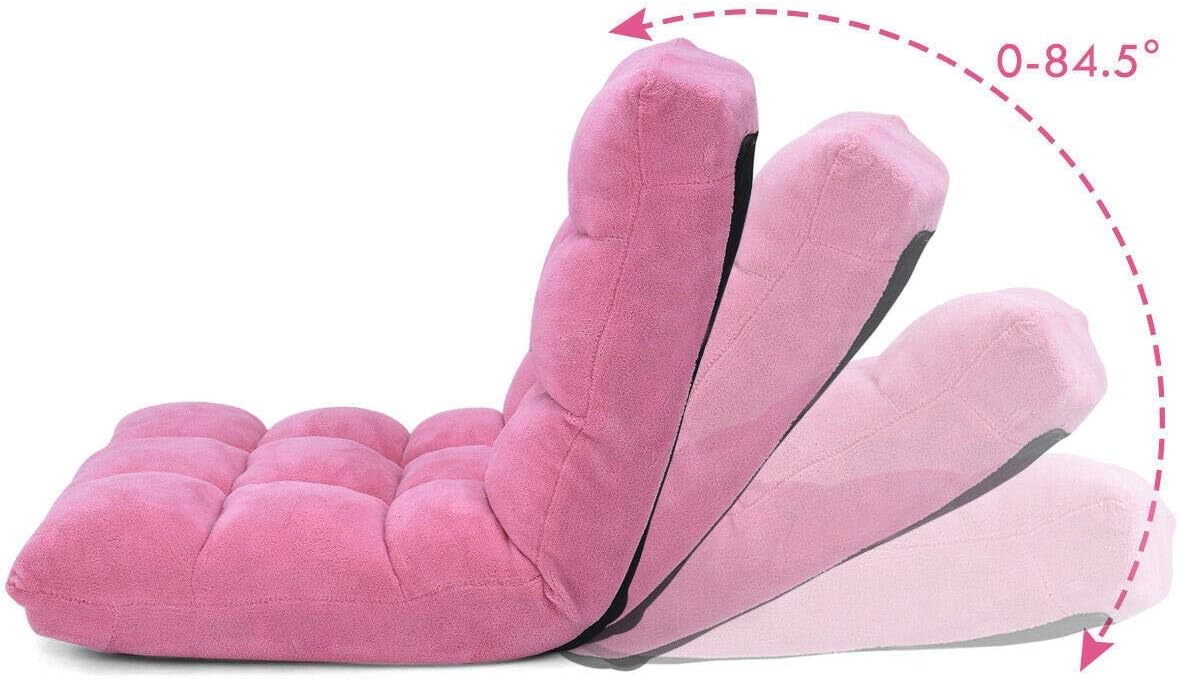 Pink Coral Velvet Floor Chair Folding Lazy Video Gaming Chair 14 Adjustable Backrest Positions Soft Comfortable Thick Padded Cushion Steel Frame Great for Reading Watching TV Playing Games
