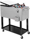80 Quart Qt Rolling Cooler Ice Chest for Outdoor Patio Deck Party, Grey, Portable Party Bar Cold Drink Beverage Cart Tub, Backyard Cooler Trolley on Wheels with Shelf, Stand, & Bottle Opener