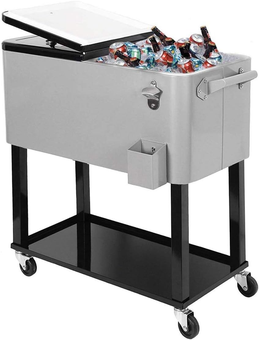 80 Quart Qt Rolling Cooler Ice Chest for Outdoor Patio Deck Party, Grey, Portable Party Bar Cold Drink Beverage Cart Tub, Backyard Cooler Trolley on Wheels with Shelf, Stand, & Bottle Opener