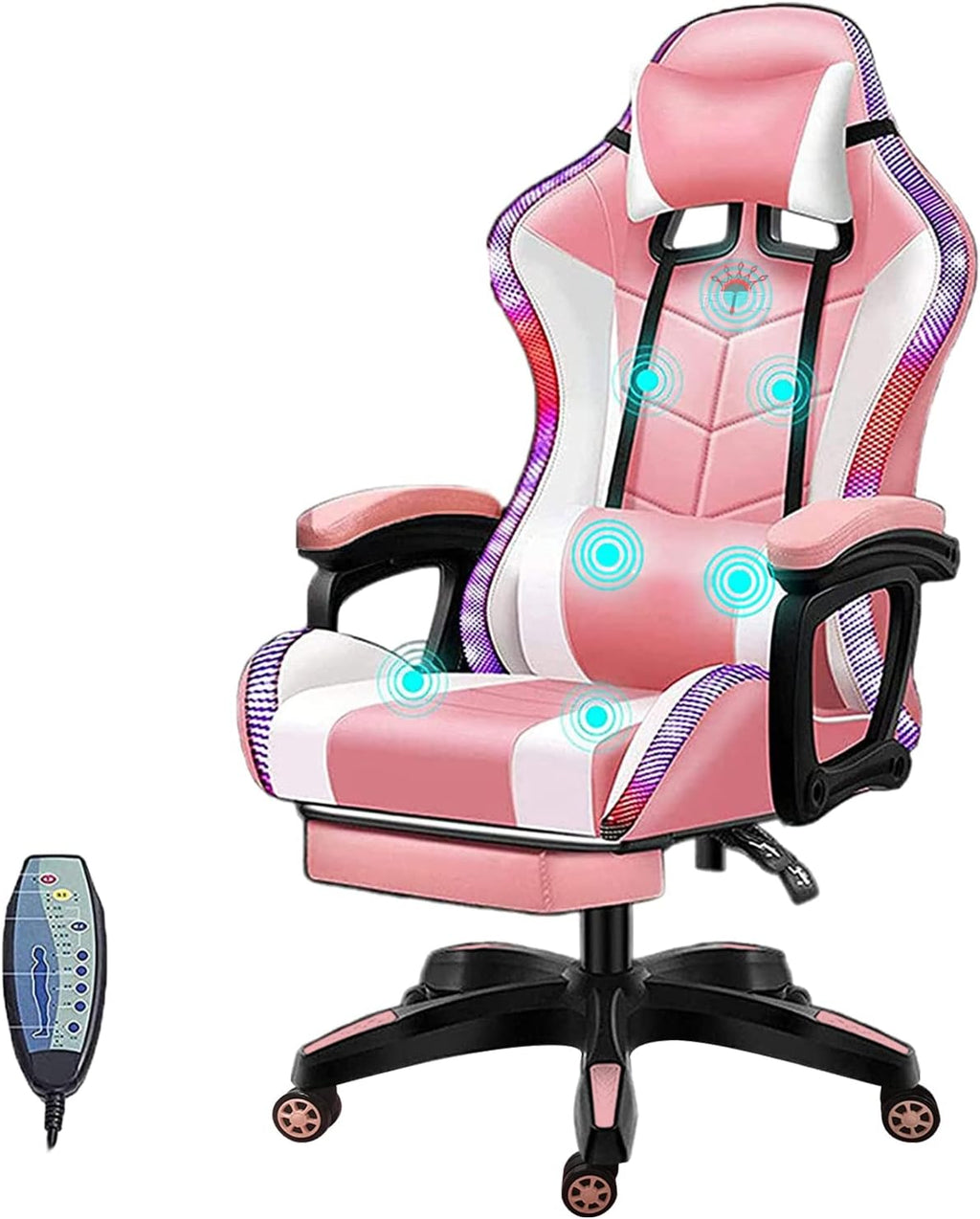 Gaming Chair with Speakers, LED Video Game Chair with Footrest, Ergonomic Game Chair with Full Massage Lumbar Support, Backrest Adjustable Reclining Gamer Chairs for Adults,Pink