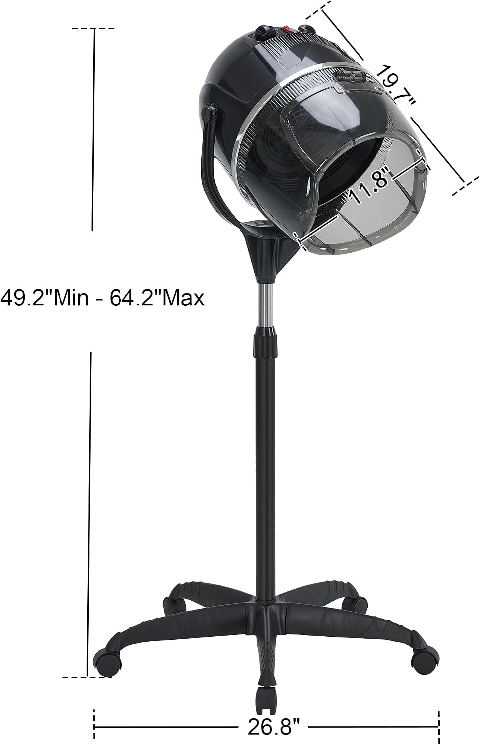 BarberPub 1300W Hooded Hair Bonnet Dryer with Stand, Height Adjustable Floor Standing Rolling Base, Beauty Salon Equipment with 360° Rotation VHD08 (All Black)