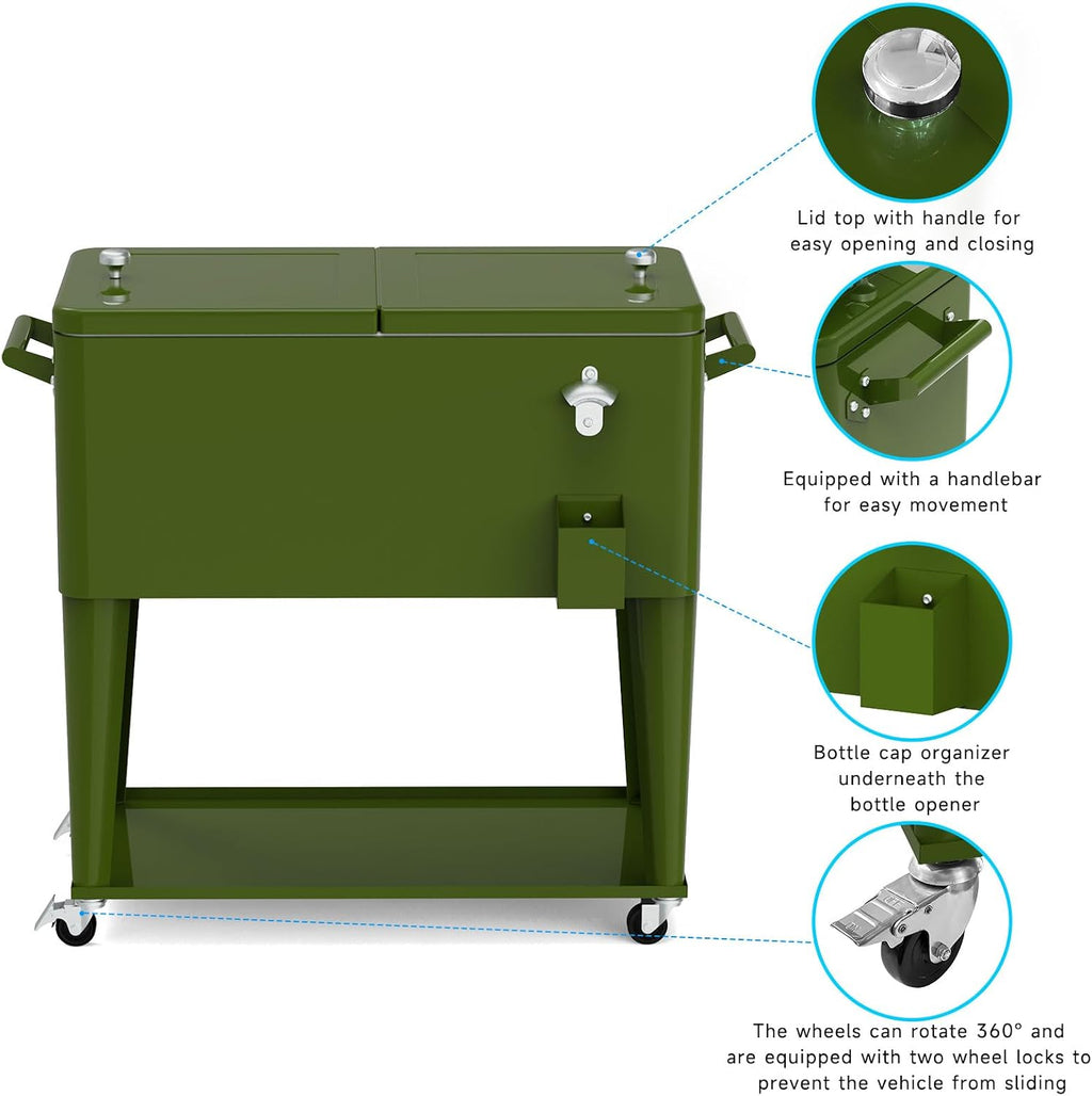 80 Quart Rolling Ice Chest Cart, Portable Outdoor Beverage Cooler with Bottle Opener & Cap Collector & Storage Shelf for Patio Party & BBQ & Beach Activities(Green)