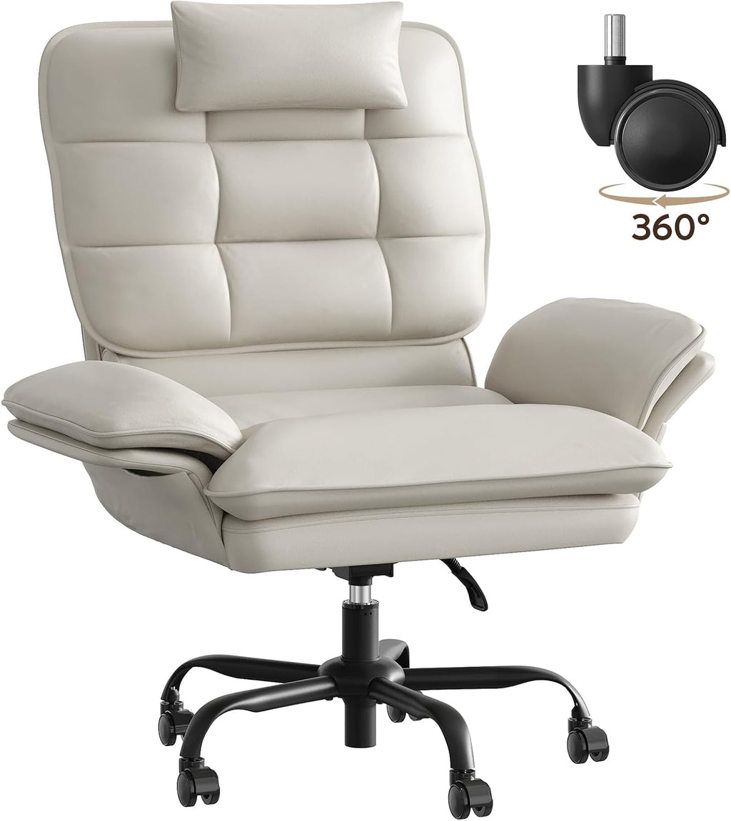 Bestier Cross Legged Office Chair Criss Cross Chair with Adjustable Arms 135° Reclining PU Leather Executive Chair with Wheels Big and Tall Computer Desk Chair for Home Office Beige