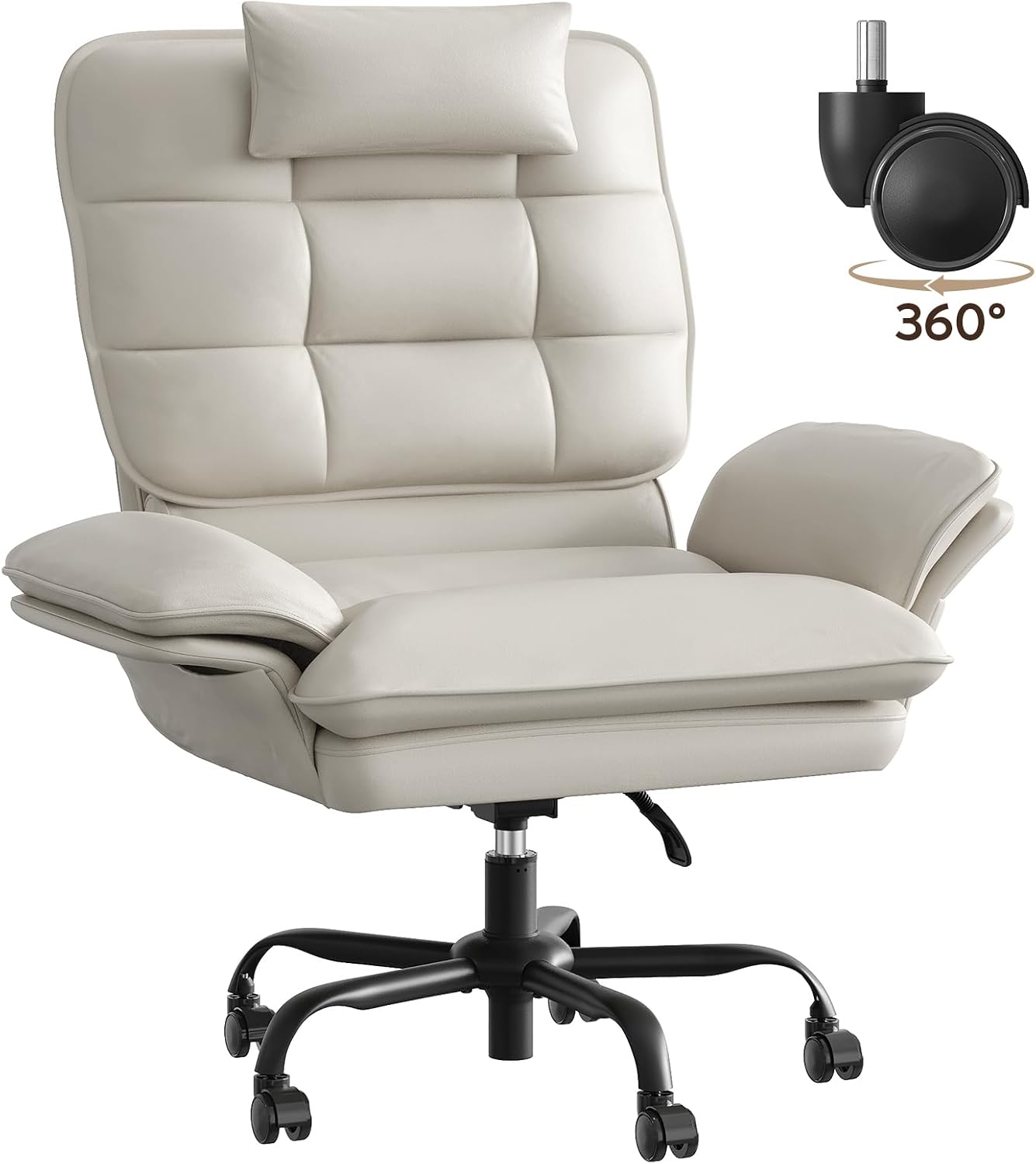 Bestier Cross Legged Office Chair Criss Cross Chair with Adjustable Arms 135° Reclining PU Leather Executive Chair with Wheels Big and Tall Computer Desk Chair for Home Office Beige
