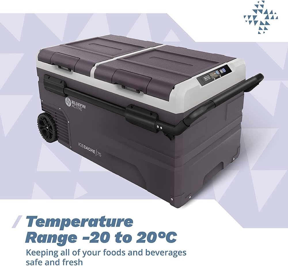 Bluefin Active Ice Cache 75L | Portable Travel Fridge | Advanced Cooling & Freezing Technology | Energy Efficient Charging | Dual Storage Compartments | Smartphone App Control | LCD Display | AC & DC
