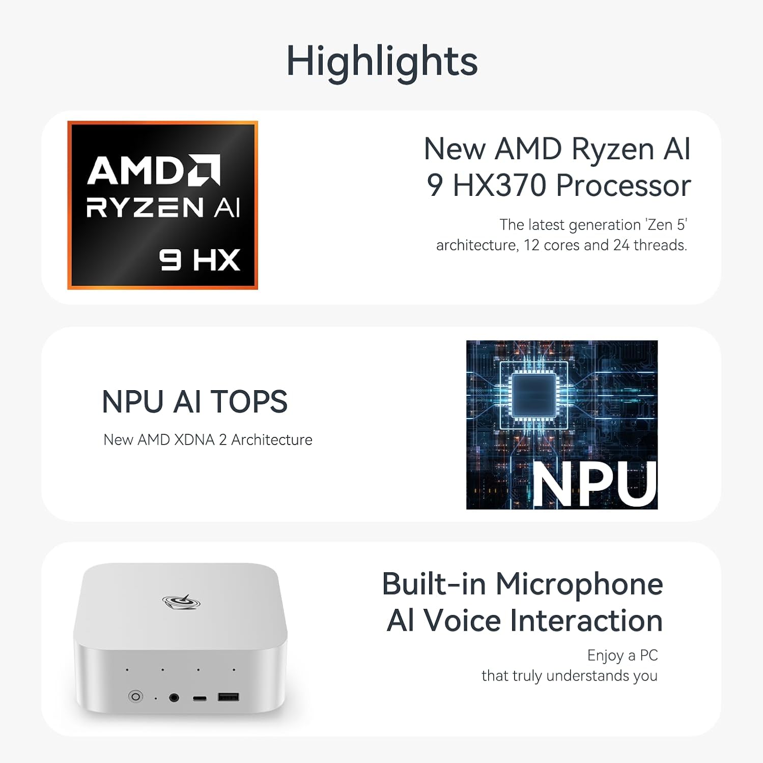 Beelink SER9 Pro Mini Desktop PC with AMD Ryzen AI 9 HX 370 12C/24T, 32GB LPDDR5X 1TB NVMe M.2 SSD, Triple Display Output, USB4, 2.5G RJ45, Bluetooth 5.2 W-11 Mini Gaming Computer(Gray/Sliver)