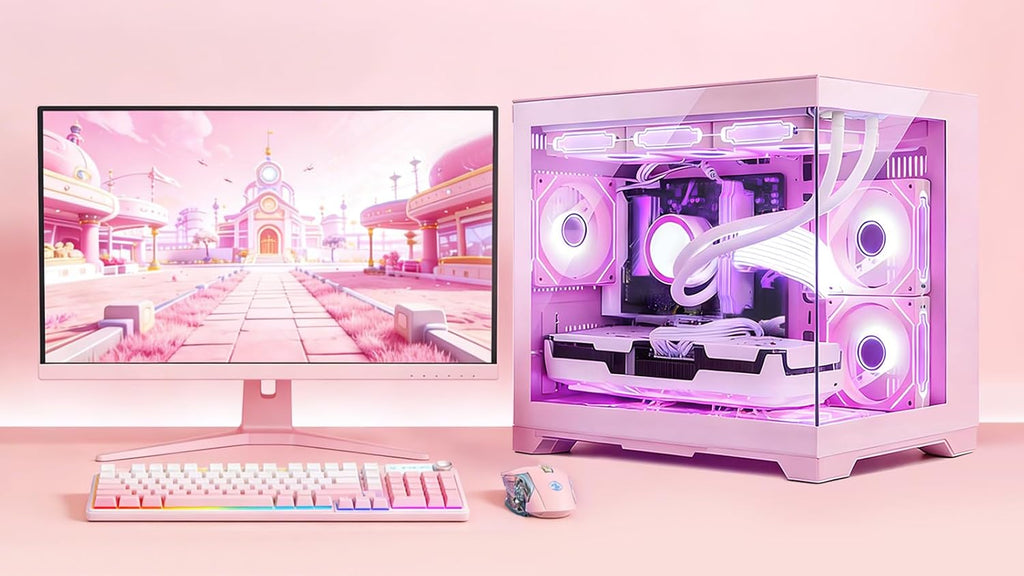 Ocean Park Pink Gaming PC Gamer Desktop Computer W/KB & Mouse, AMD Ryzen 5 9600X 6-Core 3.9GHz, RTX 5060 8GB, 32GB DDR5, 1TB PCIe SSD, 850W PSU, Fusion 2.0 APP RGB Fan Control, Win 11