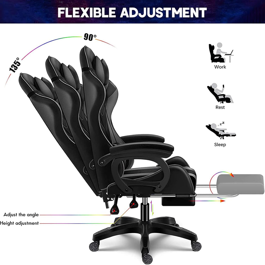 Ergonomic Pro Gaming Chair with Speakers RGB Video Game Chair with Footrest, High Back Massage Computer Chair with Lumbar Support and Headrest Adjustable Height, Gamer Chair for Adult Teens,Black
