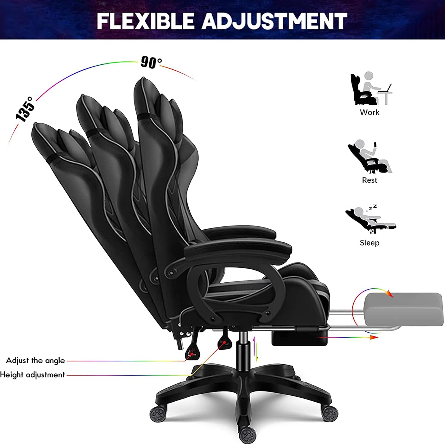 RGB Computer Chair with Footrest Massage Gaming Chair with Speakers Music Video Game Chair with Lumbar Pillow Support and Headrest High Back Gamer Chair Office Chair for Office or Gaming,White
