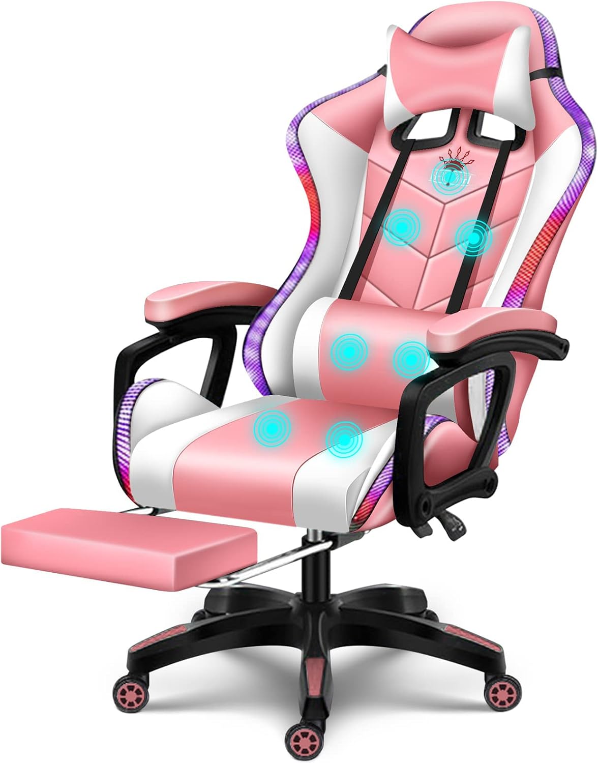 RGB Computer Chair with Footrest Massage Gaming Chair with Speakers Music Video Game Chair with Lumbar Pillow Support and Headrest High Back Gamer Chair Office Chair for Office or Gaming,Pink