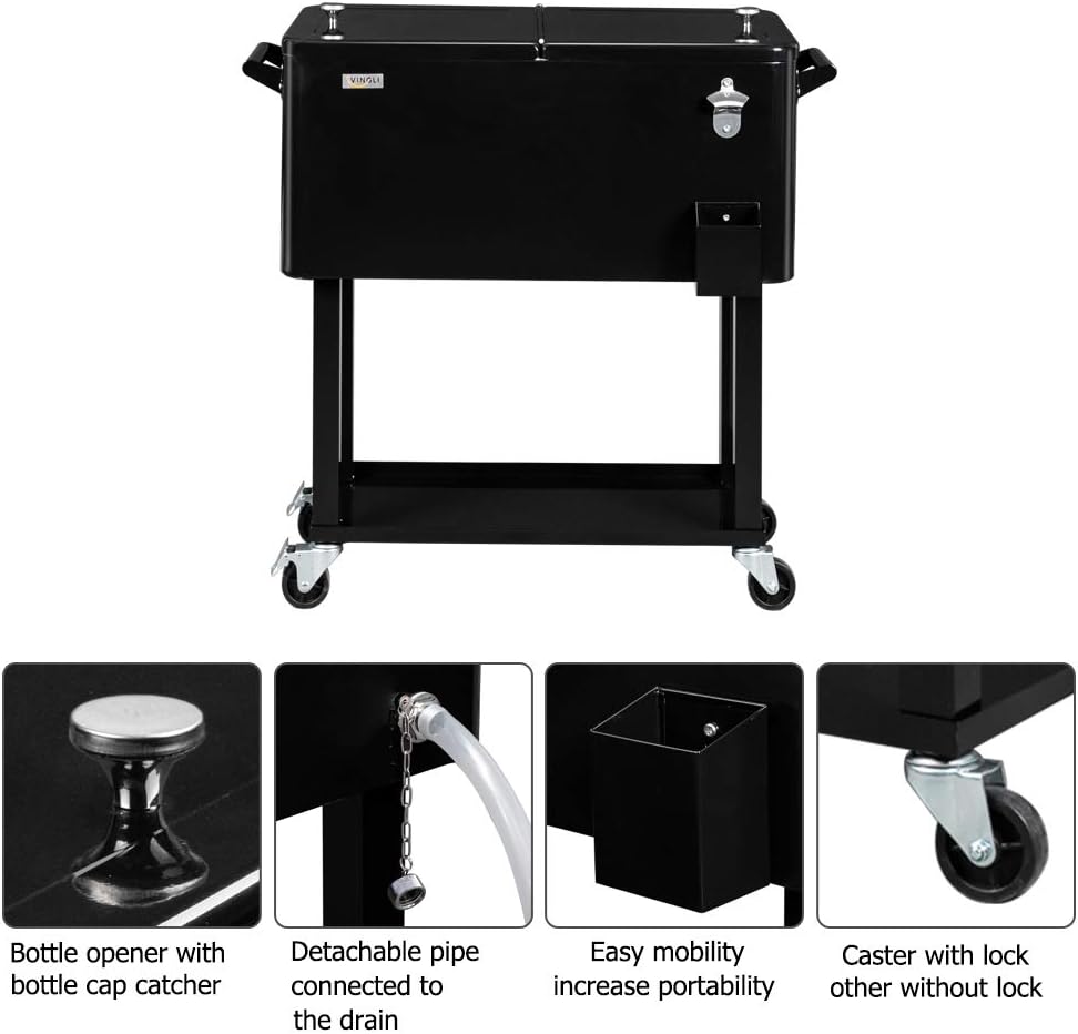 VINGLI Rolling Ice Chest, Portable Patio Party Bar Drink Cooler Cart, with Shelf, Beverage Pool with Bottle Opener