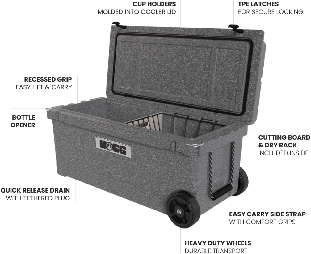 Ice Cooler with Wheels and Handle, Wheeled Cooler, Insulated Ice Chest with Wheels and Handle for Fishing and Camping with Dry Storage, Bottle Openers, and Cupholders