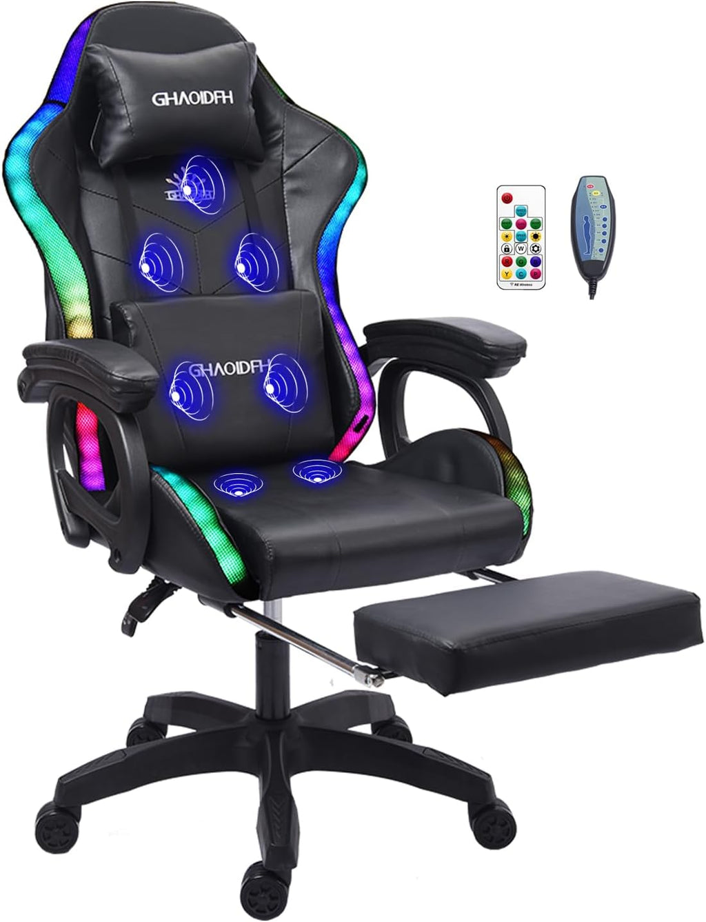 Ergonomic Gaming Chair with Footrest and Lumbar Support, Video Gaming Chair with Speaker and LED Light, Gaming Chair with Full Massage Function, 90°-135° Tilting Computer Chair.,Black