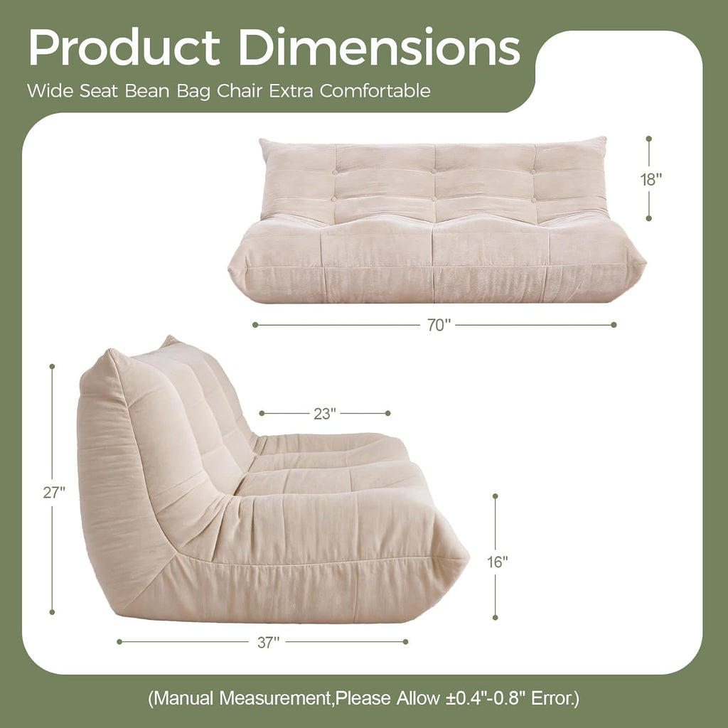 SUYOLS Bean Bag Chair, 3 Seater Fireside Chair Large Bean Bag Sofa for Adults, Memory Foam Chair Gaming Chairs with Comfy Design & Soft Fabric, Lazy Floor Sofa for Living Room, Bedroom, Beige