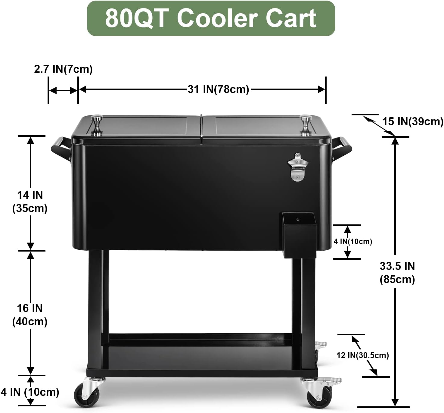 80 Quart Rolling Ice Chest Cooler Cart,Patio Backyard Party Drink Beverage Bar Stand Up Cooler Trolley with Ice Scoop