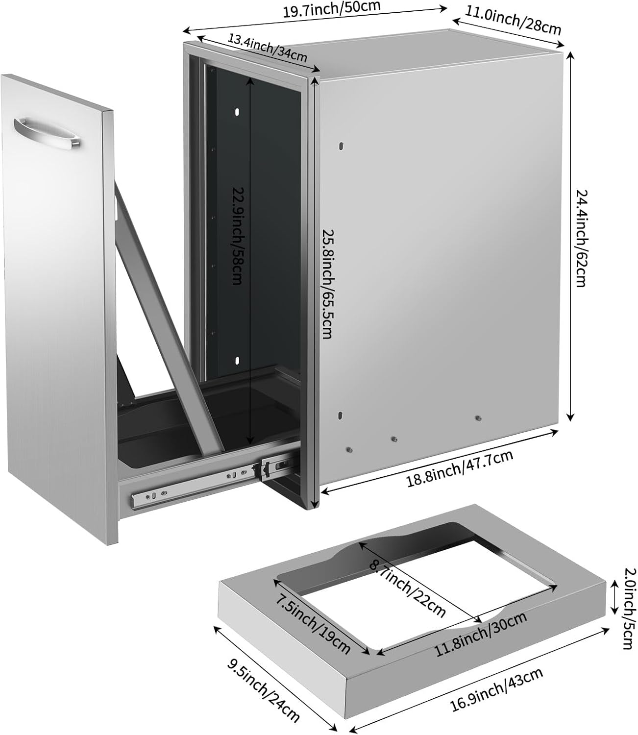 13.4''Wx25.7''Hx19.6''D Pull-Out Trash Drawer, Pull-Out Tray Outdoor Kitchen Stainless Steel Built-in Trash Bin for BBQ Island Grill Station