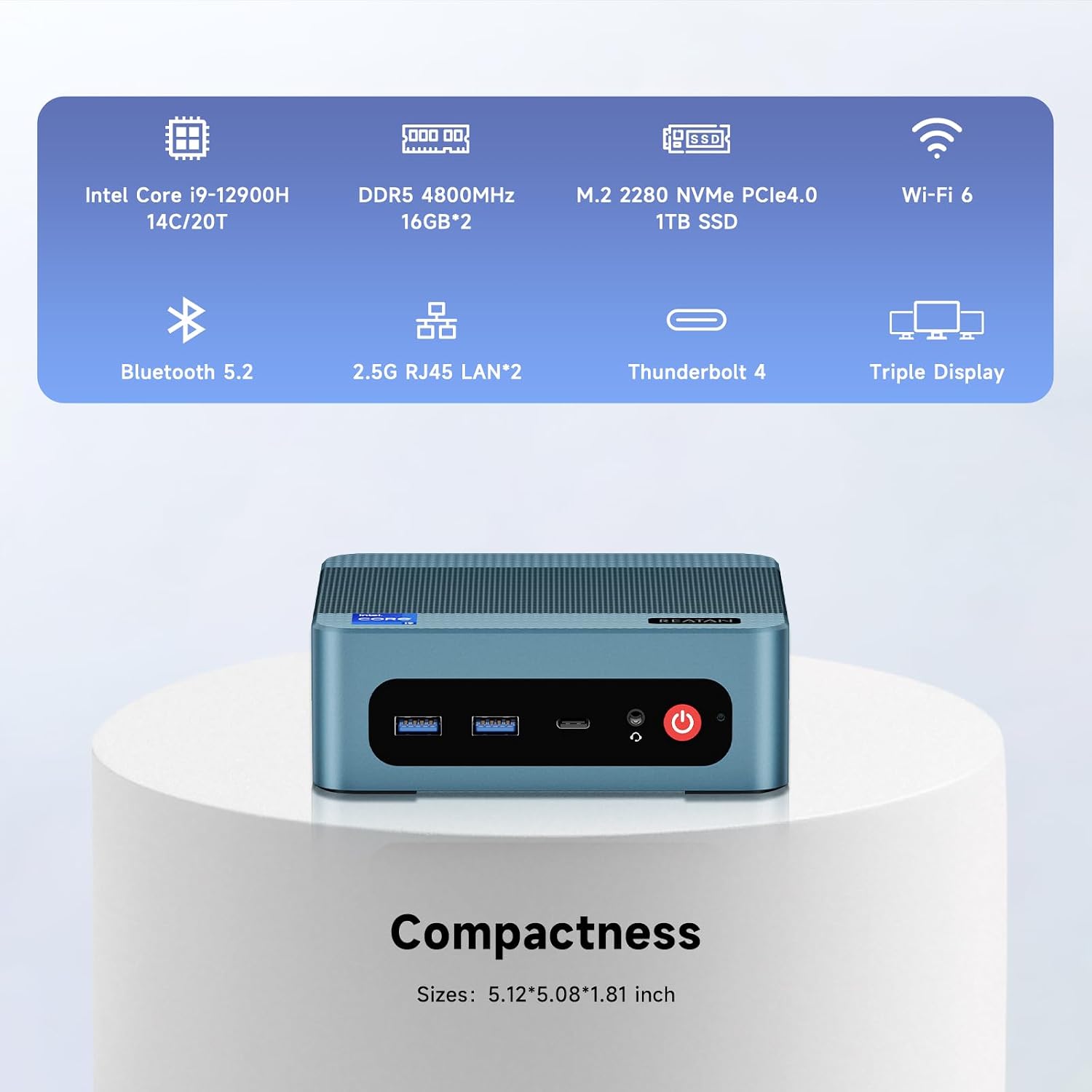 Reatan S8 Intel Mini PC Core i9-12900H(14C/20T,Turbo 5.0GHz), 32GB DDR5 1TB PCle4.0x4 SSD 11 Pro Gaming PC, Thunderbolt 4 Triple Display Mini Desktop Computers, Dural 2.5Gbps LAN, WiFi6/BT5.2