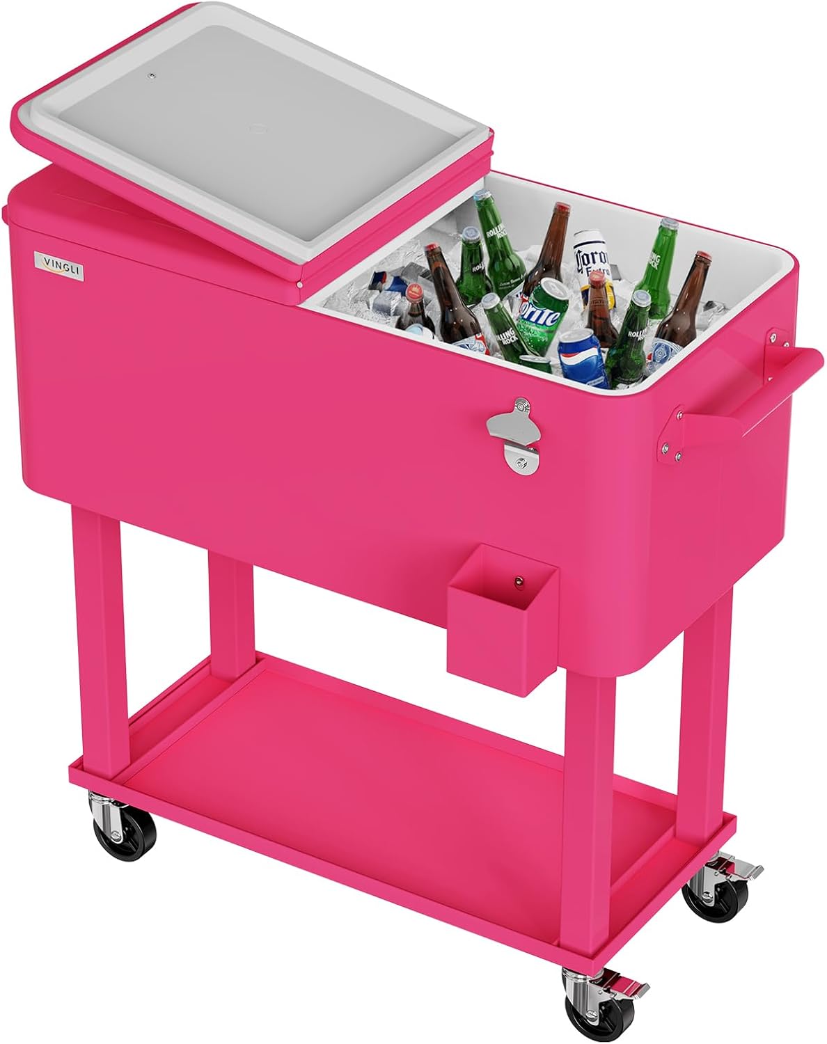 VINGLI Rolling Ice Chest, Portable Patio Party Bar Drink Cooler Cart, with Shelf, Beverage Pool with Bottle Opener