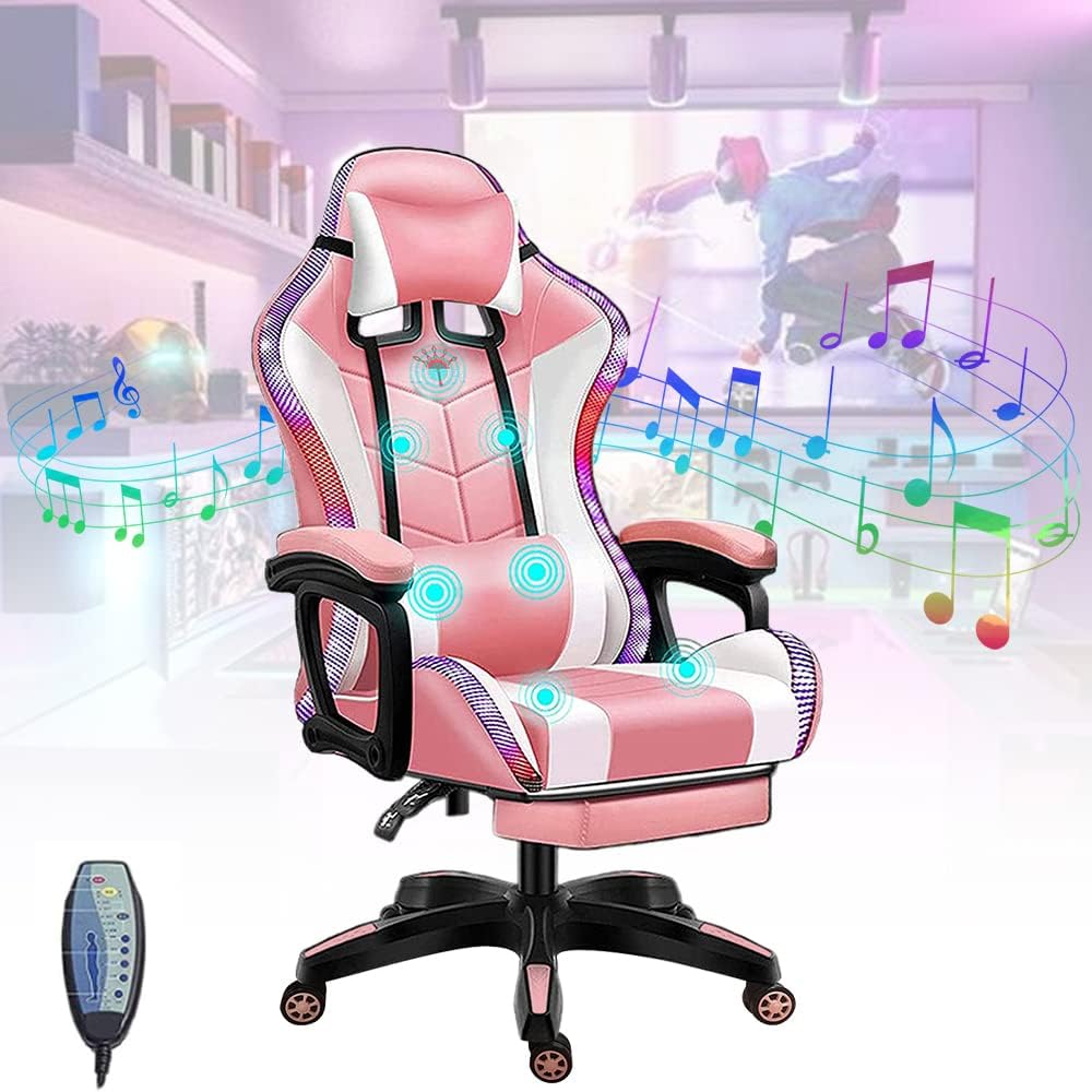 LED Gaming Chairs with Speakers, Full Massage Gamer Chair with Footrest and Lumbar Support, PU Leather Swivel Computer Chair Recliner Chair Office Chairs for Adults and Teens,Pink