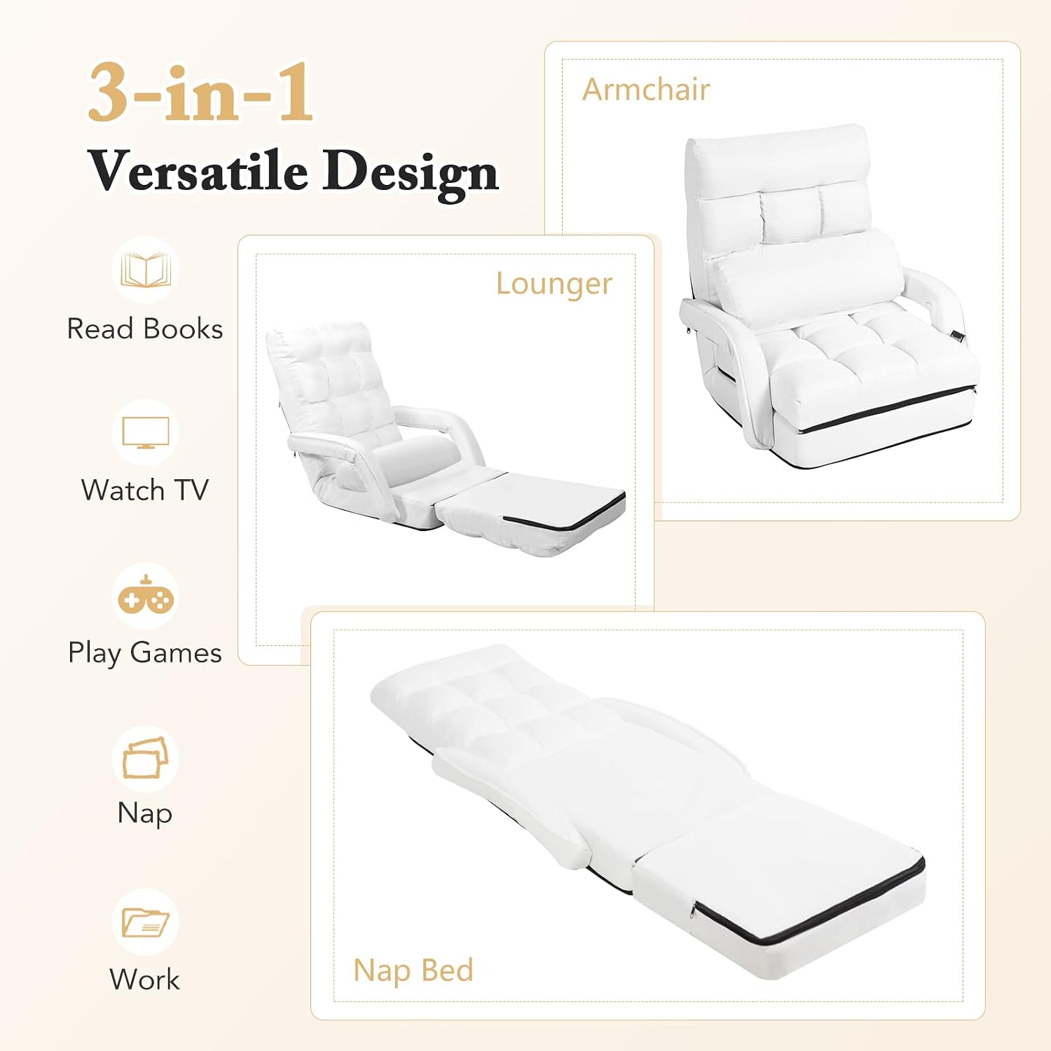 KOMFOTT Foldable Floor Lazy Sofa Chair, Indoor Chaise Lounge Chair with 6 Positions Adjustable Backrest, Detachable Seat Cushion, Armrests & Pillow, Cozy Floor Chair for Living Room, Bedroom (White)