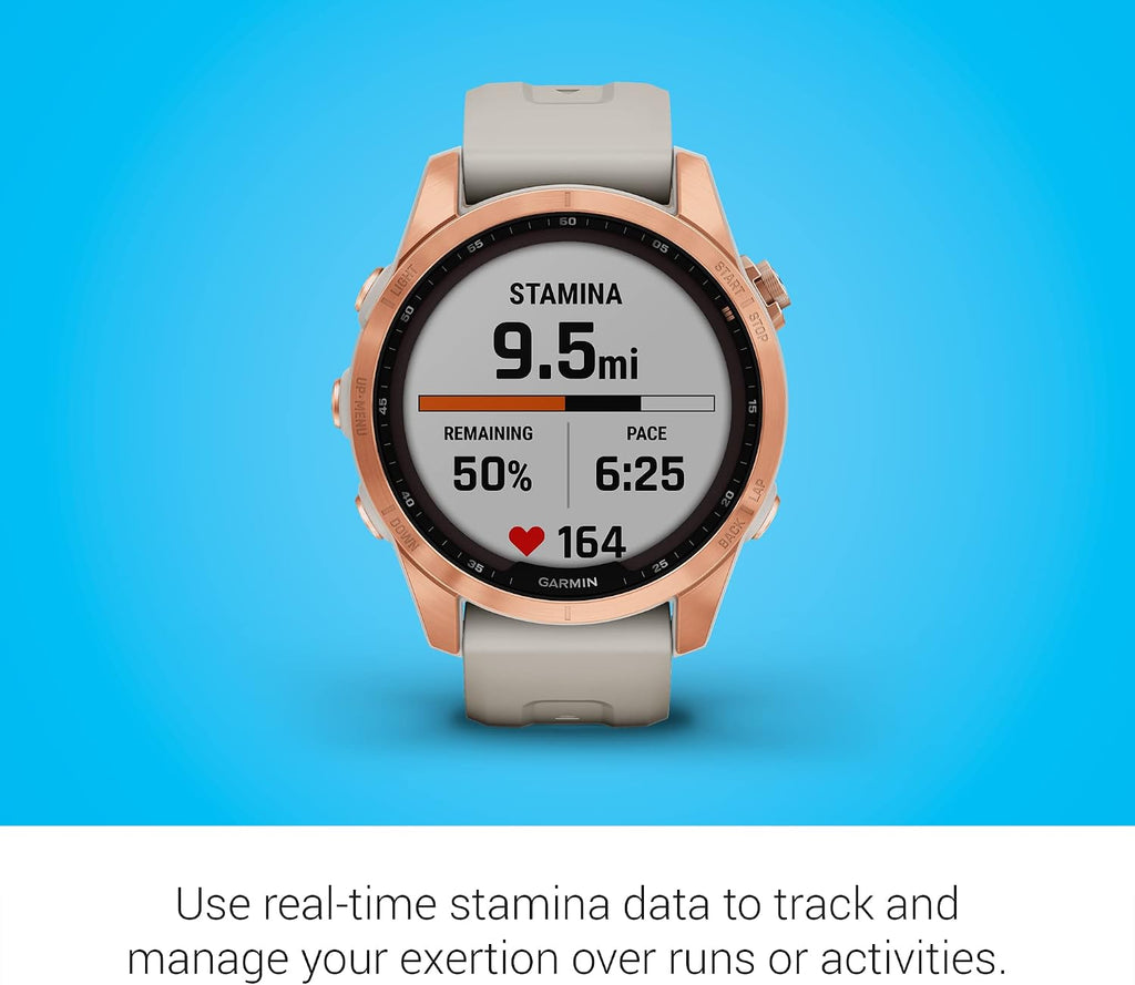 Garmin Fenix 7S Solar, Smaller Sized Adventure smartwatch, with Solar Charging Capabilities, Rugged Outdoor Watch with GPS, Touchscreen, Health and Wellness Features, Rose Gold with Light Sand Band