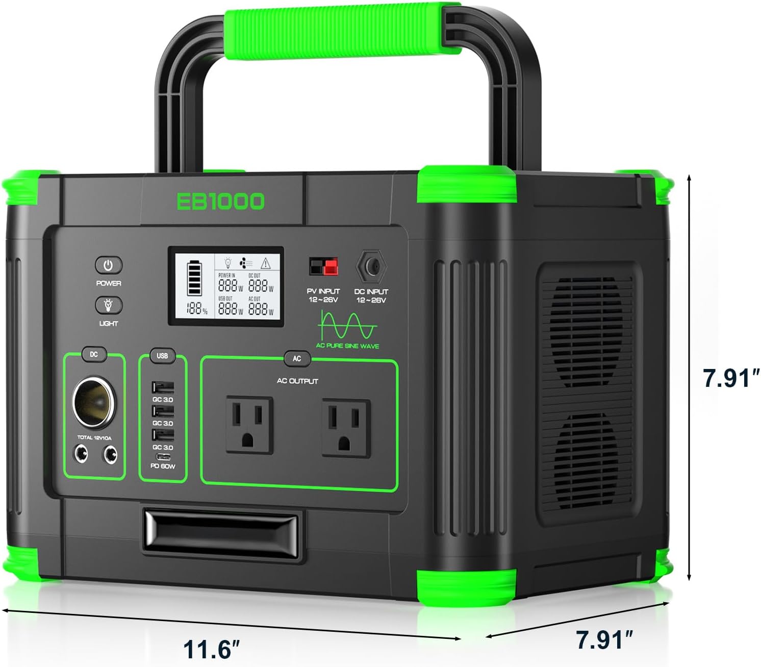 1000W Solar Generator 999Wh, Portable Power Station with 60W USB-C PD Output, 110V Pure Sine Wave AC Outlet Backup Lithium Battery for Outdoors Camping Travel Hunting Home (Peak 2000W)