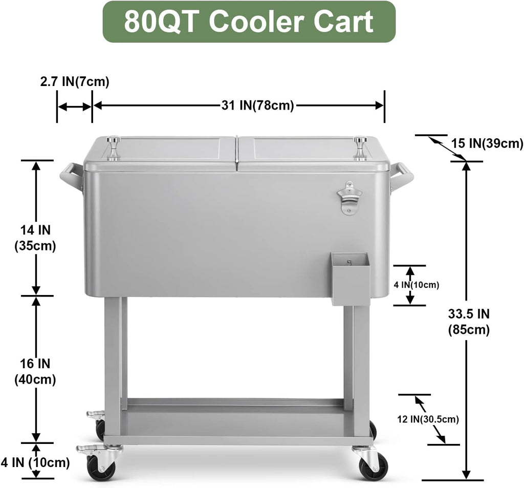 80 Quart Rolling Ice Chest Cooler Cart,Patio Backyard Party Drink Beverage Bar Stand Up Cooler Trolley with Ice Scoop