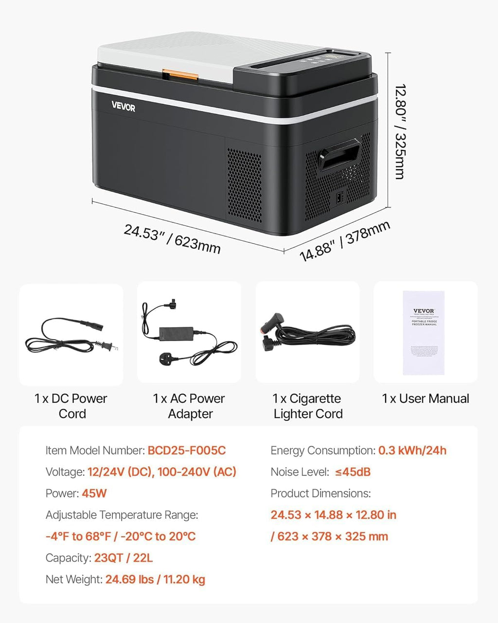 VEVOR Car Refrigerator, DC 12/24V AC100-240V Compressor Electric Cooler, -4°F to 68°F Car Fridge with APP Control, 23 QT Cars Freezer for RVs, Campsites, Boats, Camping, Fishing, 45W Portable Freezer