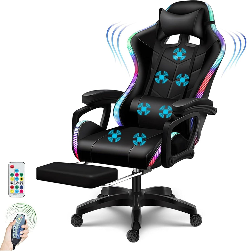 Ergonomic LED Gaming Chair with Speakers PU Leather Computer Chair for Teens Adults High Back Massage Office Desk Chair with Footrest Headrest Lumbar Support Recliner Video Game Chair,Black